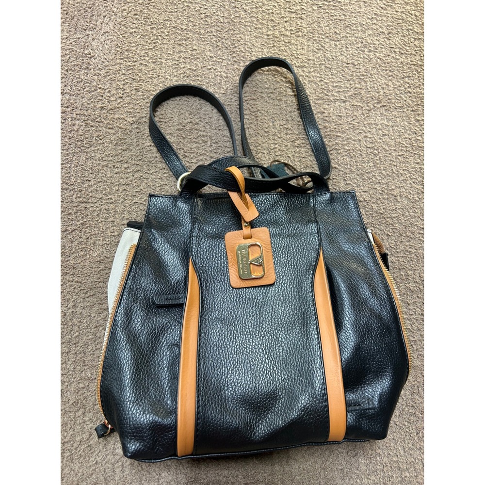 Valentina Italian Black Leather Convertible Backpack Shoulder Bag Gold Hardware